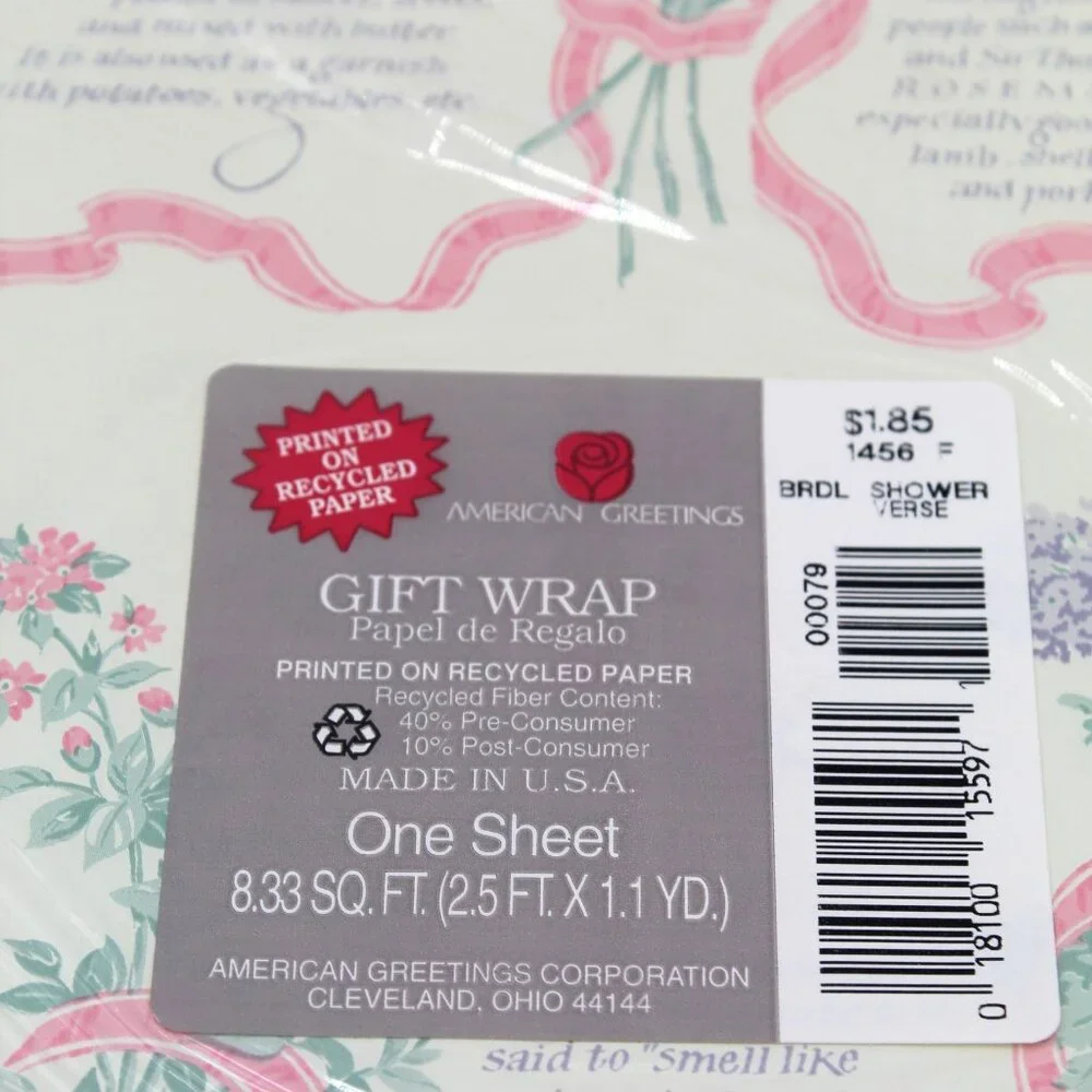 Vintage Wrapping Paper Bridal Shower Herbs American Greetings 1 Sheet Gift Wrap